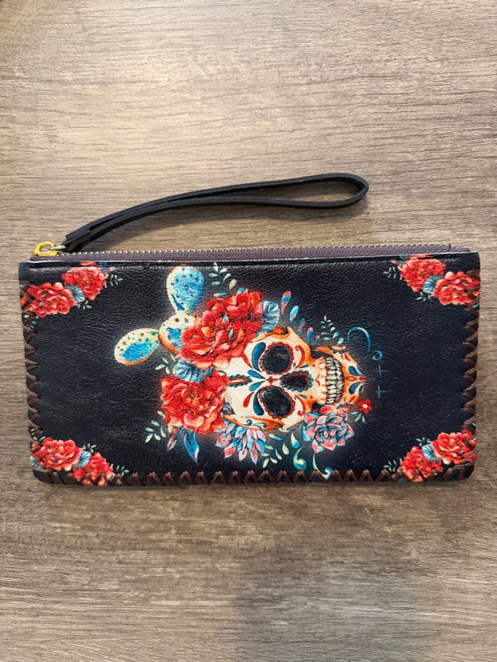 Ina Black Floral Sugar Skull Wristlet Clutch